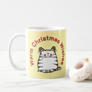 Caneca De Café Gato Fofo e Gorducho com Dois Chapéus de Natal Des