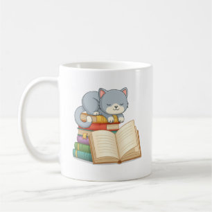 Caneca De Café Gato Fofo em cima de uma Pilha de Livros