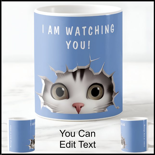 Caneca De Café Gato Fofo Espiando Você Novidade Divertida Azul (Criador carregado)