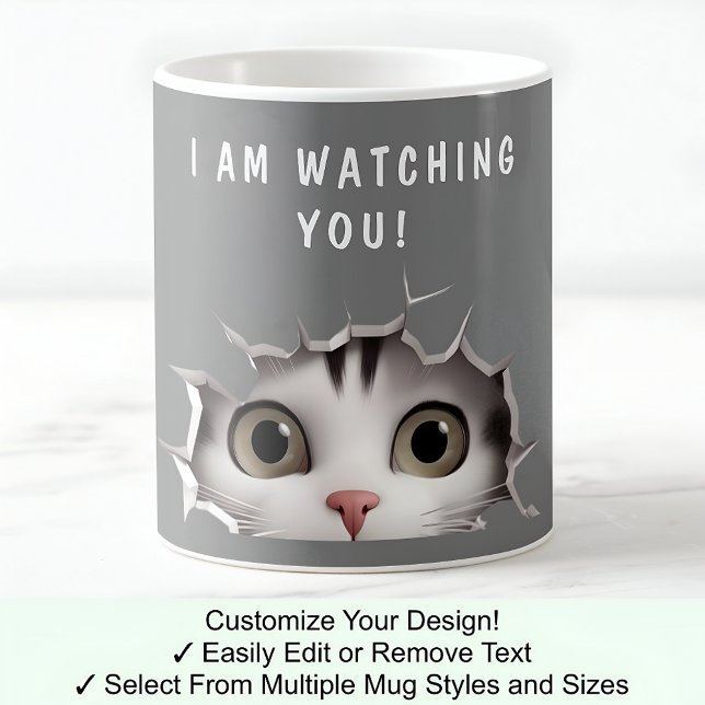 Caneca De Café Gato Fofo Espiando Você Novidade Divertida Cinza (Criador carregado)