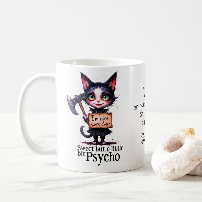 Caneca De Café Gato Fofo Psico Gótico Com Machado  (Com Donut)