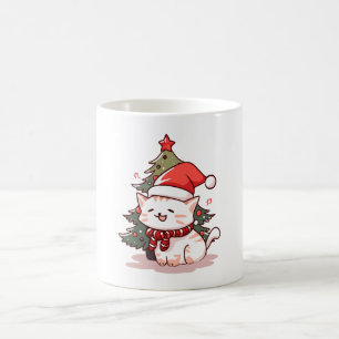 Caneca De Café Gato fofo vestindo chapéu de Papai Noel perto da á