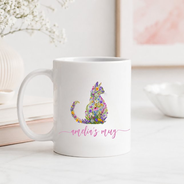 Caneca De Café Gato Gatinho Floral Personalizado (Personalized Floral Cat Kitty Coffee Mug)