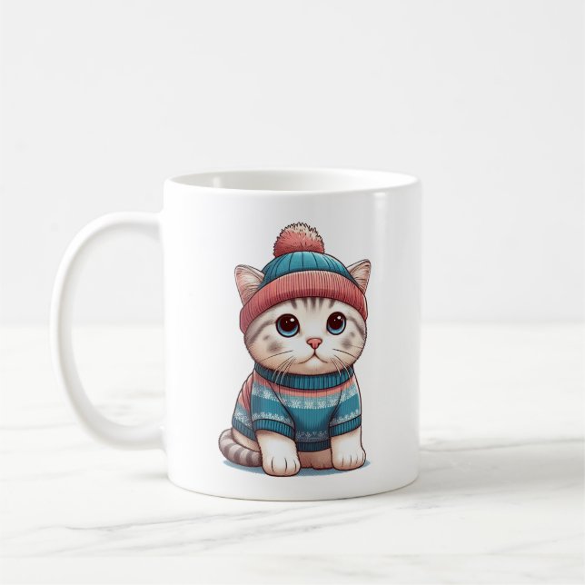 Caneca De Café Gato giro em um suéter e beanie (Esquerda)