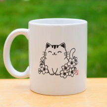 Gato Japonês Fofo e Sakura com Carimbo "Neko"