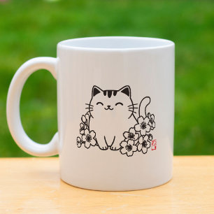 Caneca De Café Gato Japonês Fofo e Sakura com Carimbo "Neko"
