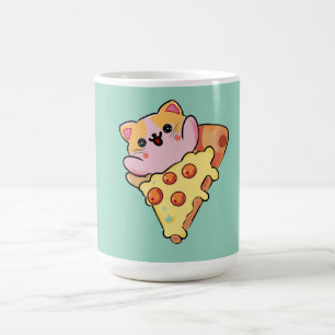 Caneca De Café Gato Kawaii Abraçando Pizza de Pepperoni Cartoon
