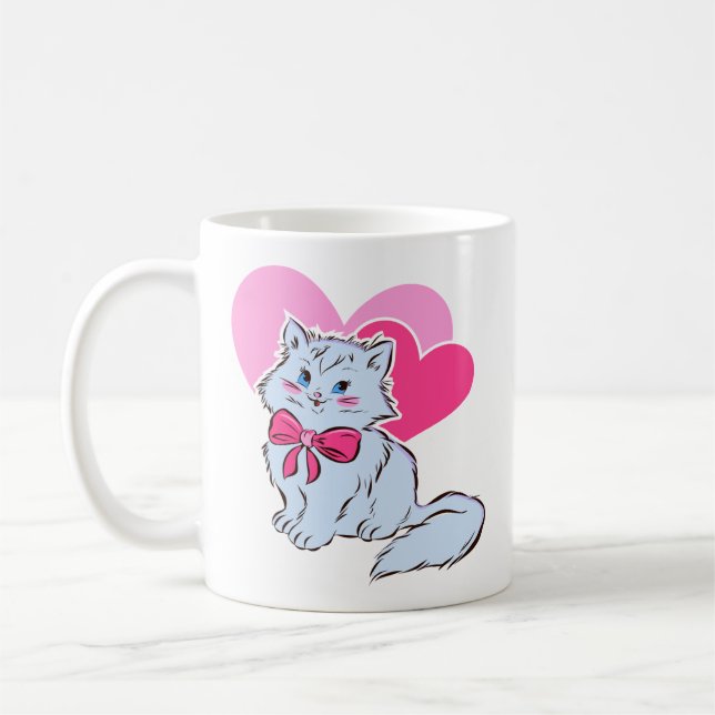 Caneca De Café Gato Kawaii Azul com Laço Rosa e Corações (Esquerda)