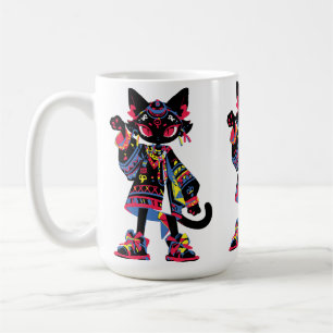 Caneca De Café Gato Kawaii Místico - Teto Espírito Tribal Colorid