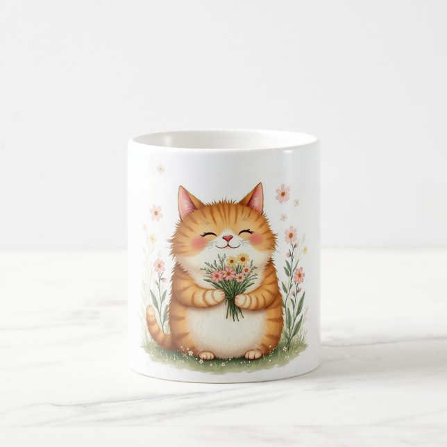 Caneca De Café Gato Laranja com um Buquê de Flores (Centro)