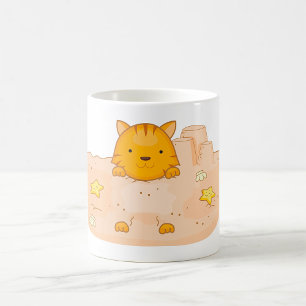 Caneca De Café Gato Laranja em Cena de Praia com Castelo de Areia