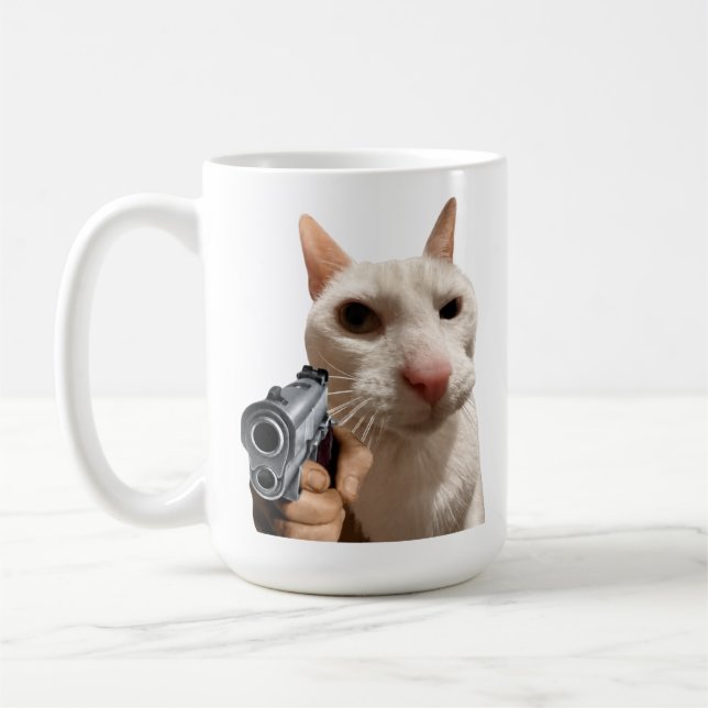Caneca De Café Gato Legal Com Arma Meme Divertido (Esquerda)