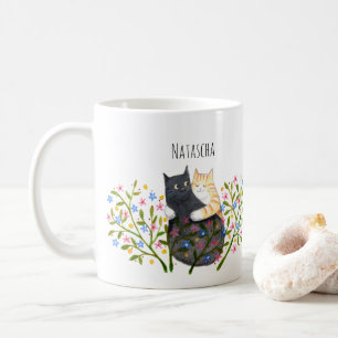 Caneca De Café Gato listrado laranja e gato preto em flores perso