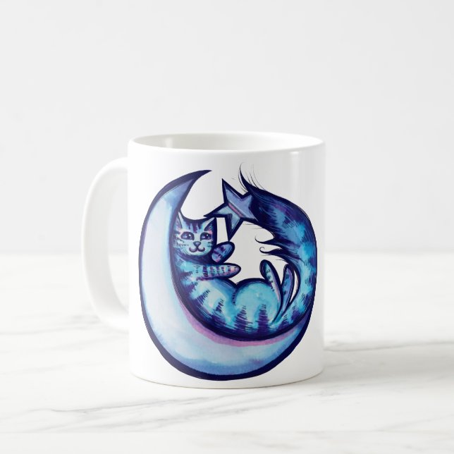Caneca De Café Gato Lua Caturday Estrela Arte Roxa MoonCat        (Frente Esquerda)