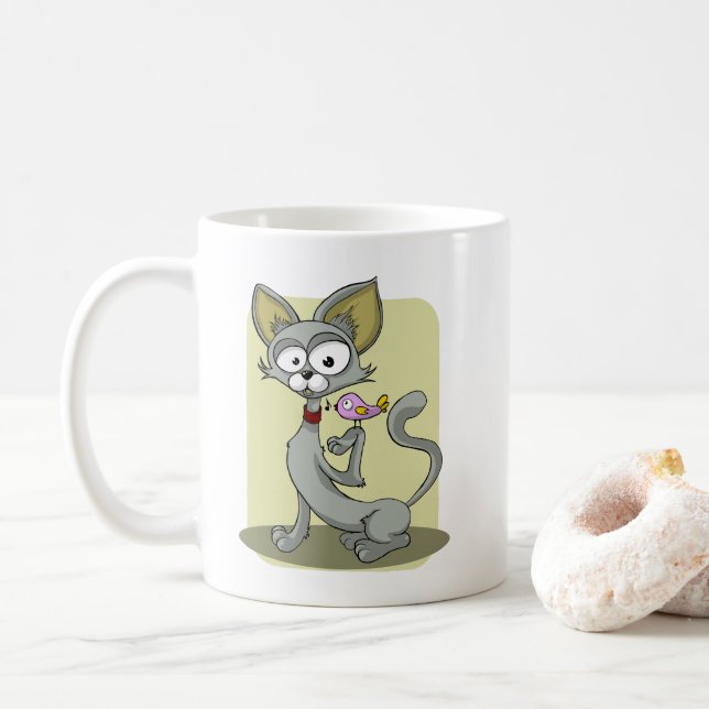 Caneca De Café Gato magro e pássaro rosa (Com Donut)