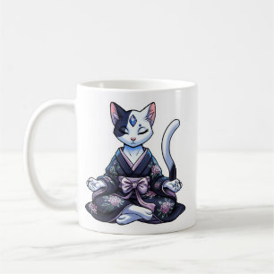 Caneca De Café Gato Místico Meditando em Quimono Floral