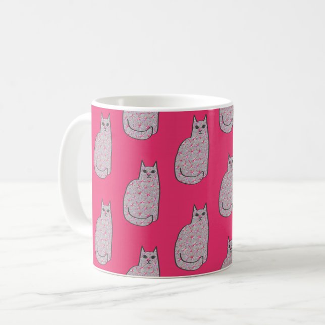 Caneca De Café Gato Moderno do Século médio, Fúchsia e Rosas clar (Frente Esquerda)