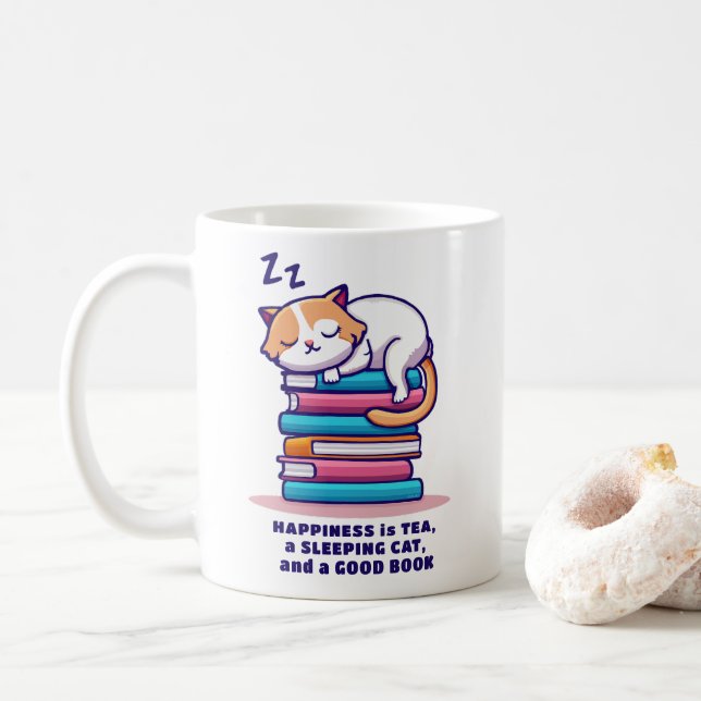 Caneca De Café Gato na Pilha de Livros Cobra de Leitura Personali (Com Donut)