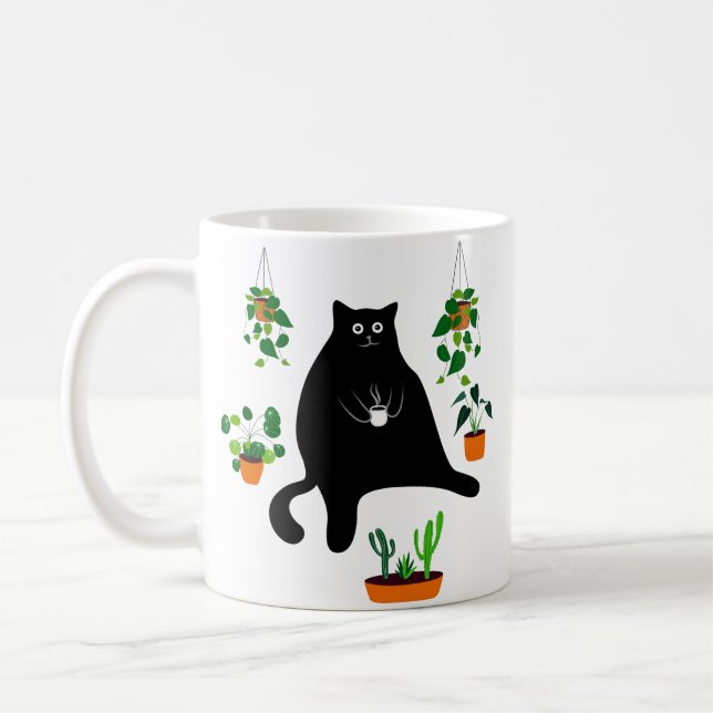Caneca De Café Gato Negro Com Plantas, Presente Negro Engraçado (Esquerda)
