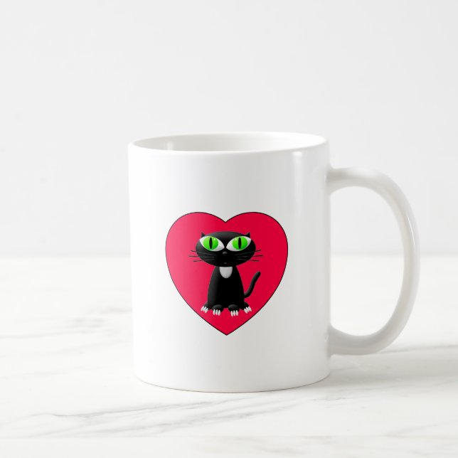 Caneca De Café Gato Negro Em Coração Vermelho (Direita)
