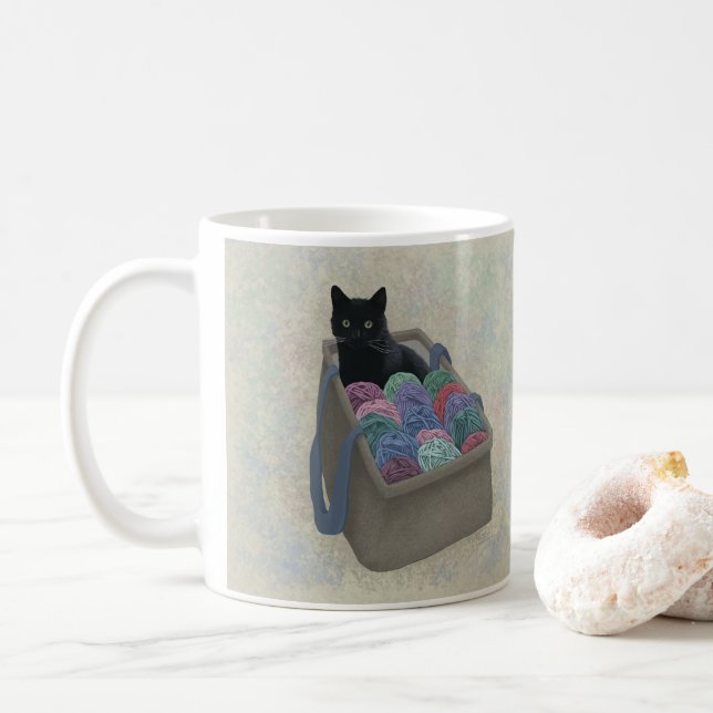 Caneca De Café Gato negro em saco de fios (Com Donut)