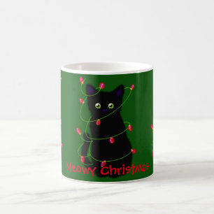 Caneca De Café Gato negro   Meowy Christmas   Luzes cintilantes