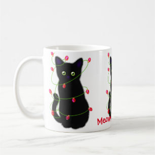 Caneca De Café Gato negro   Meowy Christmas   Luzes cintilantes