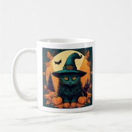 Caneca De Café Gato Negro num Chapéu de Bruxas