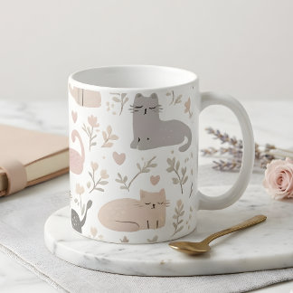 Caneca De Café Gato Pastel Adorável e Café com Estampa Floral