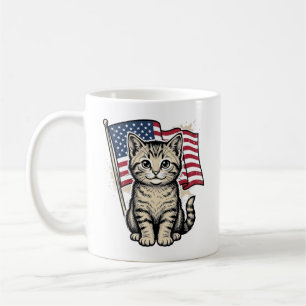 Caneca De Café Gato Patriótico com Bandeira Americana Vetor Vinta