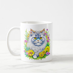 Caneca De Café Gato Persa Branco em Flores