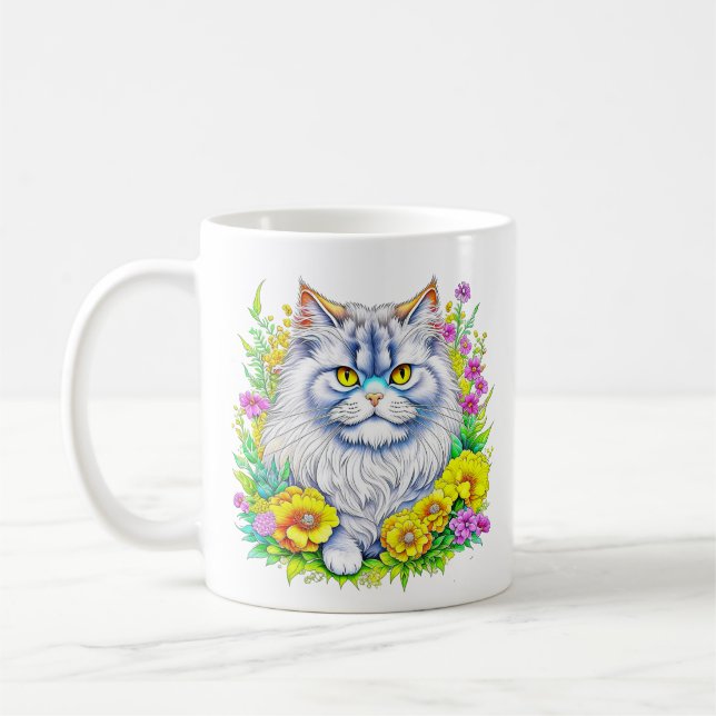Caneca De Café Gato Persa Branco em Flores (Esquerda)