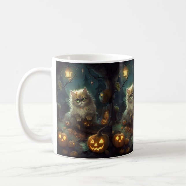 Caneca De Café Gato Persa do Halloween Com Pumpkins Assustado (Esquerda)