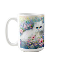 Gato Persa Olhos Azuis em Flores Rosas Personaliza