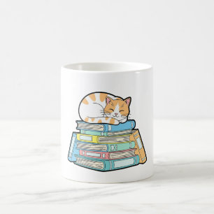 Caneca De Café Gato Preguiçoso sobre Livros – Ilustração Aconcheg