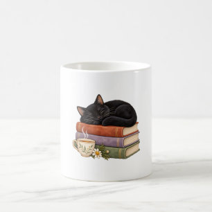 Caneca De Café Gato Preto Adormecido sobre Livros com Chá