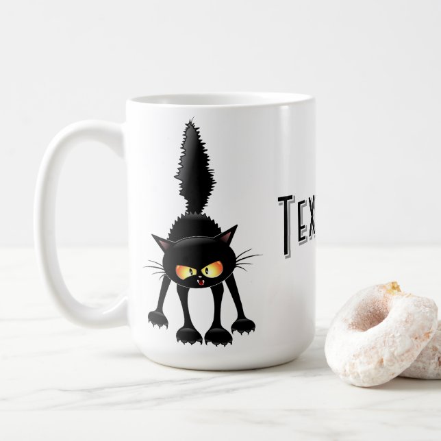 Caneca De Café Gato Preto Cartoon Engraçado e Feroz  (Com Donut)