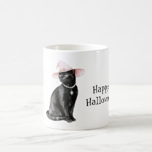 Caneca De Café Gato Preto Chic Chapéu Rosa Halloween