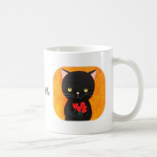 Caneca De Café Gato Preto Cinto com Flores Nome Personalizado de  (Direita)