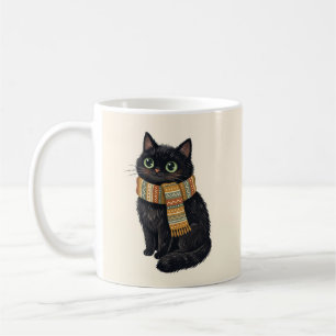 Caneca De Café Gato Preto com Cachecol de Inverno Aconchegante Ar