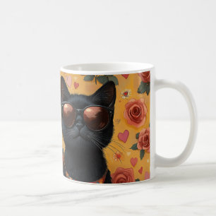 Caneca De Café Gato Preto Com Dia de os namorados De Rosa Cardíac