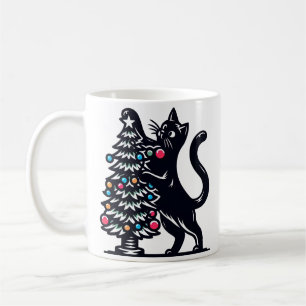Caneca De Café Gato Preto Com Luzes de Árvore de Natal