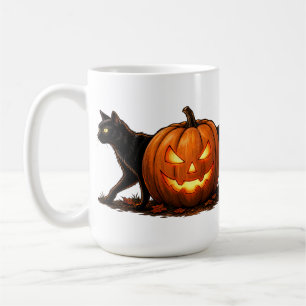 Caneca De Café Gato Preto Comprido e Assustador Atrás de Abóbora