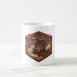 Caneca De Café Gato Preto Cozy de Leitura na Estante da Bibliotec