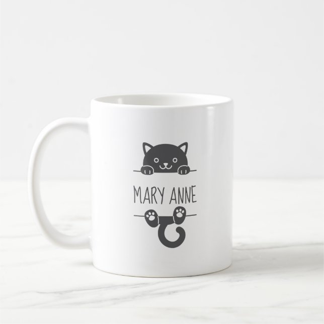 Caneca De Café Gato Preto Cujo Pico atrás do Nome Personalizado (Esquerda)