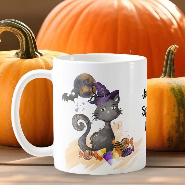 Caneca De Café Gato Preto de Aquarela com doces, Halloween (Criador carregado)