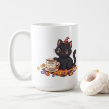 Gato Preto de Halloween Assustador e Cafeinado