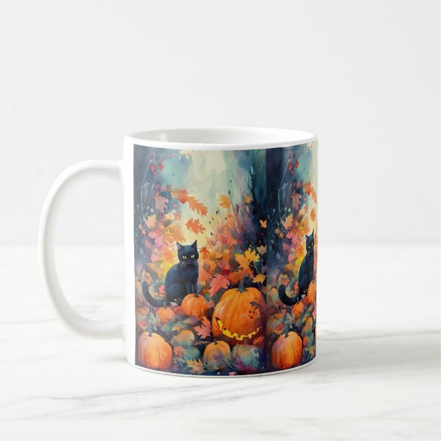 Caneca De Café Gato Preto de Halloween com Abóboras Assustador (Esquerda)