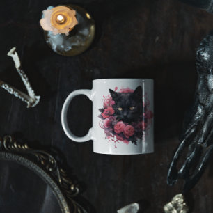 Caneca De Café Gato Preto de Halloween Floral