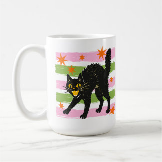 Caneca De Café Gato Preto de Halloween Fofo e Retro com Listras e